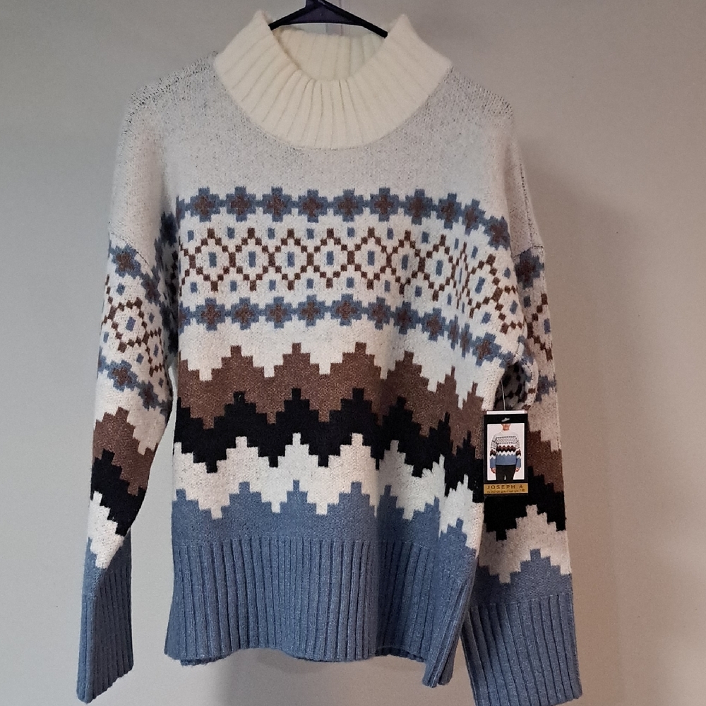 Nordic Knit Turtleneck Sweater - Blue, Brown, Cream